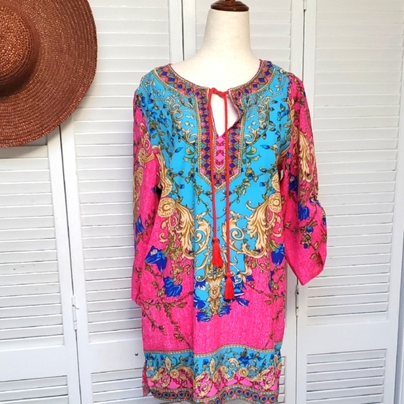Genuine People Resort Wear Pink and Turquoise Mini Dress with 3/4 Sleeves Size S - Picture 1 of 8